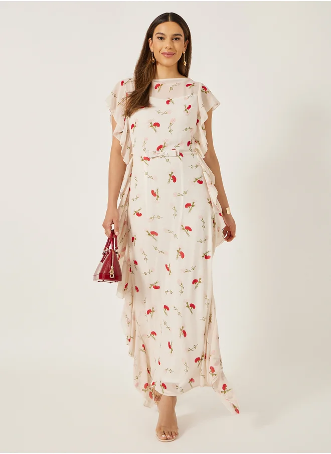 ستايلي Printed Ruffled Hem Sleeveless Sheath Maxi Dress