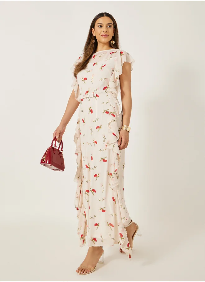 ستايلي Printed Ruffled Hem Sleeveless Sheath Maxi Dress