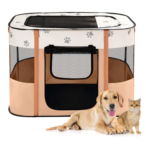 Avont Portable Dog Cat Playpen Foldable Pop Up Pet Play Pen Travel Crate with Floor and Mesh Door Top for Indoor Outdoor Collapsible Tent Cage M Orange - Image 1