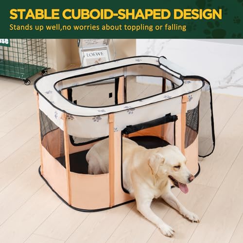 Avont Portable Dog Cat Playpen Foldable Pop Up Pet Play Pen Travel Crate with Floor and Mesh Door Top for Indoor Outdoor Collapsible Tent Cage M Orange - Image 3