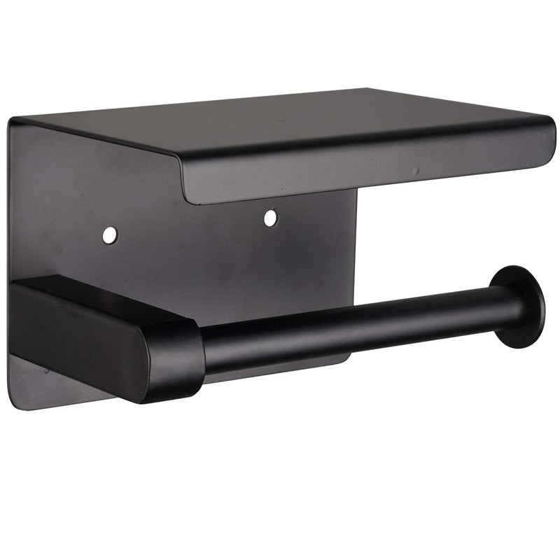 Noonext Matte Black Toilet Paper Holder Adhesive, Toilet Paper Roll Holder with Shelf, 3M Adhesive No Drill or Wall-Mounted with Screws for Bathroom & Kitchen - Image 1