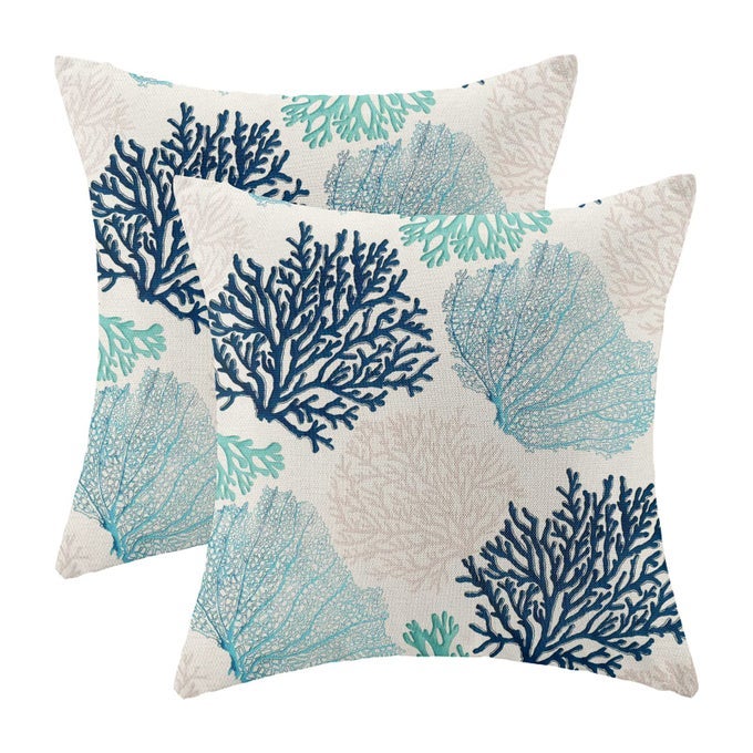 COASTAL PILLOW COVERS 18X18 INCH SET OF 2 CORAL BRANCH OCEAN THEMED BEACH DECOR THROW PILLOWS TURQUOISE NAVY BLUE BEACHY NAUTICAL SUMMER OUTDOOR DECORATIVE CUSHION CASES FOR COUCH DECORATIONS