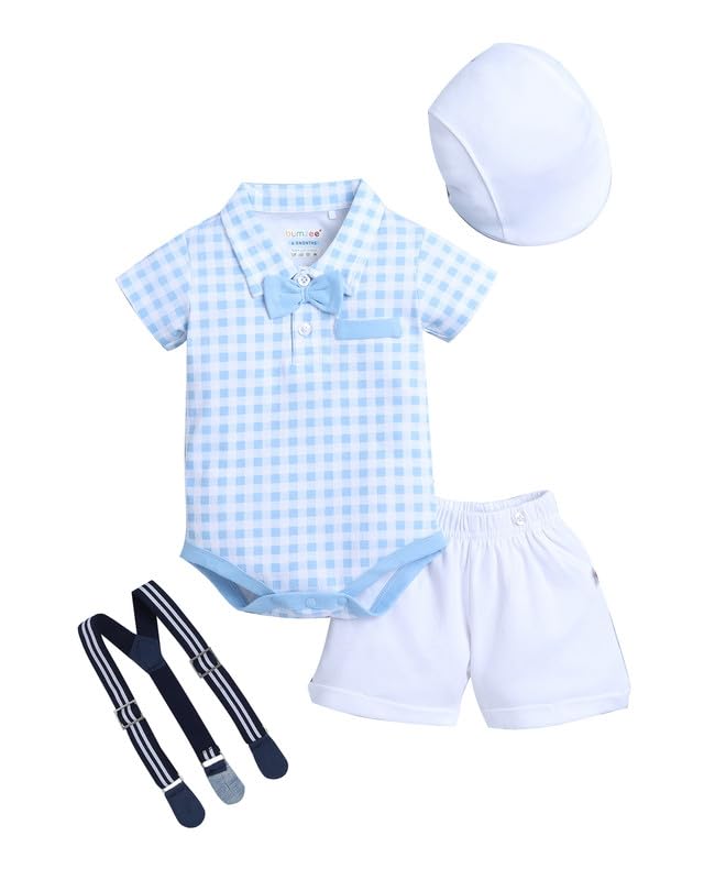 BUMZEE Baby Boys Cotton Bodysuit & Short Set With Bow Suspender & Cap Blue & White - 9-12 Months - Image 1