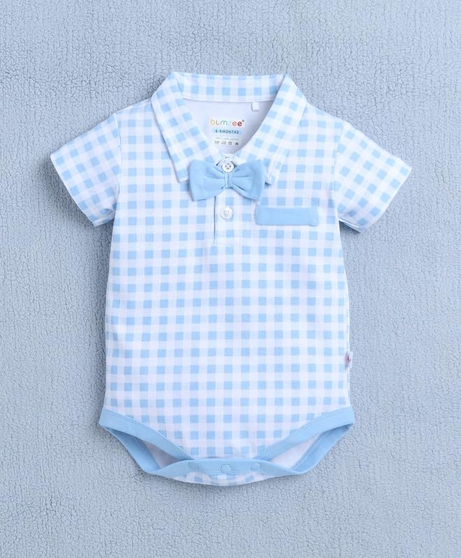 BUMZEE Baby Boys Cotton Bodysuit & Short Set With Bow Suspender & Cap Blue & White - 9-12 Months - Image 2
