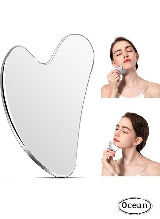 JS Stainless Steel Gua Sha Tool, Facial Heart Model Gua Sha Tool, Tighten Skin Care Tools, Massage Beauty Tool for Body Eyes, Neck Massager with Travel Pouch (Silver) - Image 1