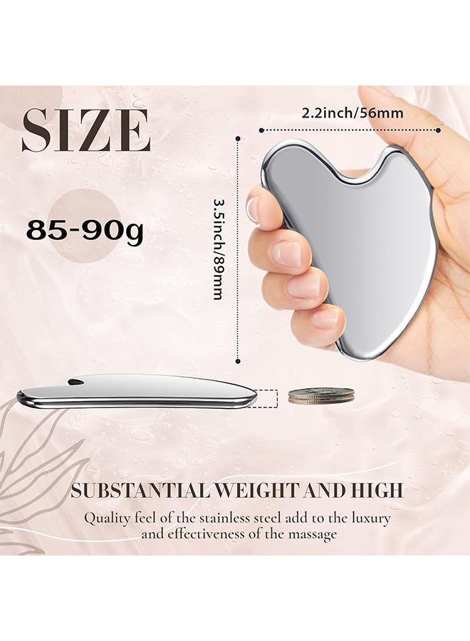 JS Stainless Steel Gua Sha Tool, Facial Heart Model Gua Sha Tool, Tighten Skin Care Tools, Massage Beauty Tool for Body Eyes, Neck Massager with Travel Pouch (Silver) - Image 2