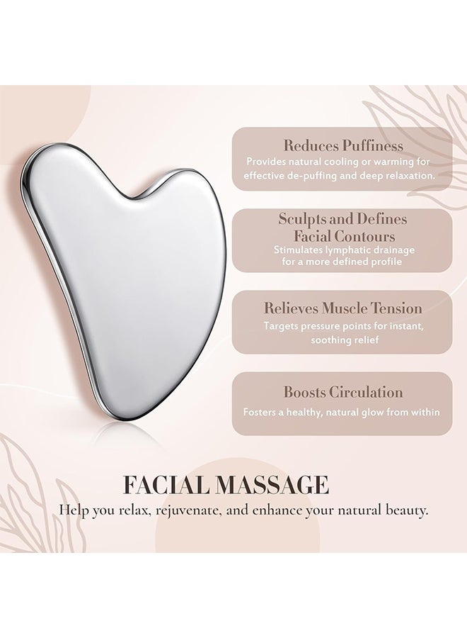JS Stainless Steel Gua Sha Tool, Facial Heart Model Gua Sha Tool, Tighten Skin Care Tools, Massage Beauty Tool for Body Eyes, Neck Massager with Travel Pouch (Silver) - Image 5