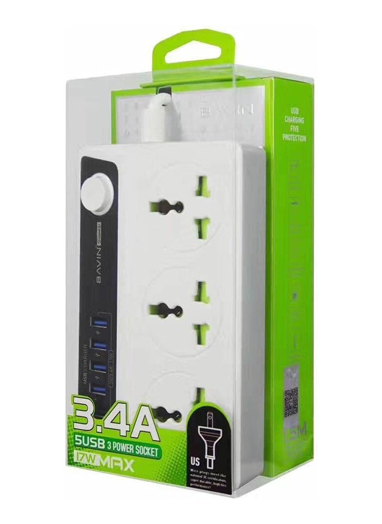 Bavin BAVIN PC-512 5 USB with 3 Power Socket Extension (3.4A, 1.5m Wire) - white  - Image 1