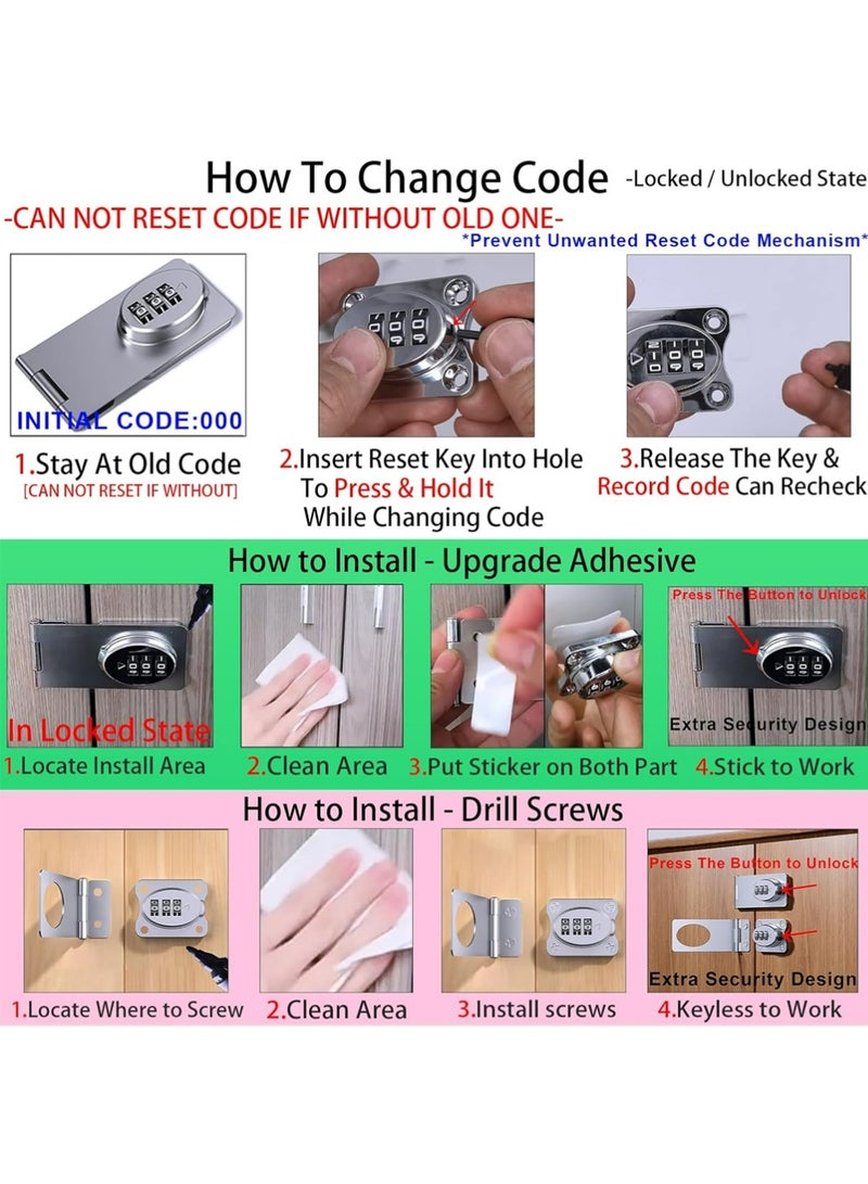 أوللاي أقفال بدون مفتاح مع تركيبة أرقام لدرج الزاوية، قفل بزاوية 90 درجة للأبواب المنزلقة/القابلة للدفع/أبواب الحظيرة، مزلاج بكلمة مرور للخزانة للمكتب والمطبخ والسياج الخارجي والحديقة والساحة، لاصق قوي/مثقاب - Image 5