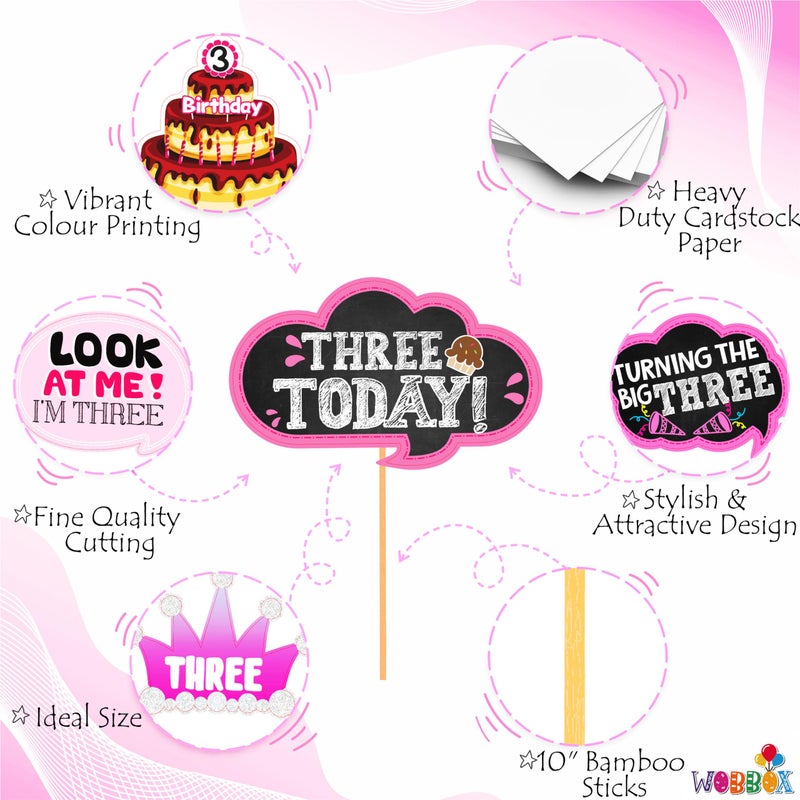 WOBBOX Third Birthday Photo Booth Party Props Pink for Baby Girl, 3rd Birthday Decorations for Girl, Kids Birthday Party Decoration Items - Image 3
