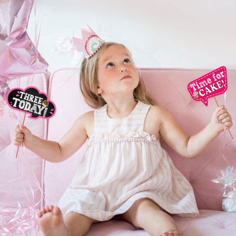 WOBBOX Third Birthday Photo Booth Party Props Pink for Baby Girl, 3rd Birthday Decorations for Girl, Kids Birthday Party Decoration Items - Image 2