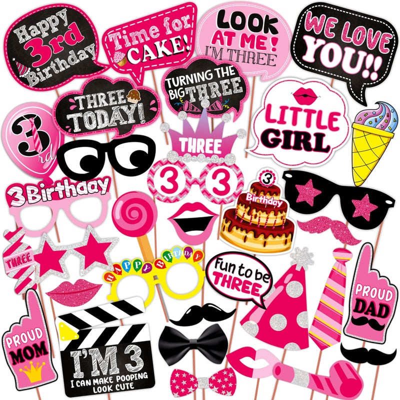 WOBBOX Third Birthday Photo Booth Party Props Pink for Baby Girl, 3rd Birthday Decorations for Girl, Kids Birthday Party Decoration Items - Image 1