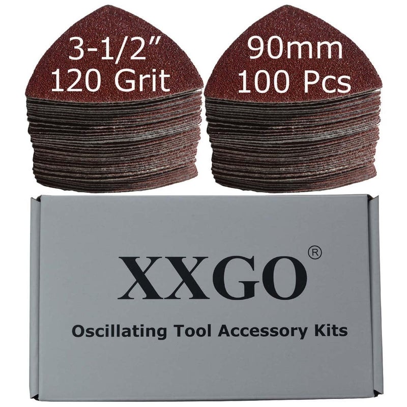 XXGO 100 Pcs 120 Grits 3-1/2 Inch 90mm Triangular Hook & Loop Multitool Sandpaper for Wood Sanding Fit 3.5 Inch Oscillating Multi Tool Sanding Pad XG9020120
