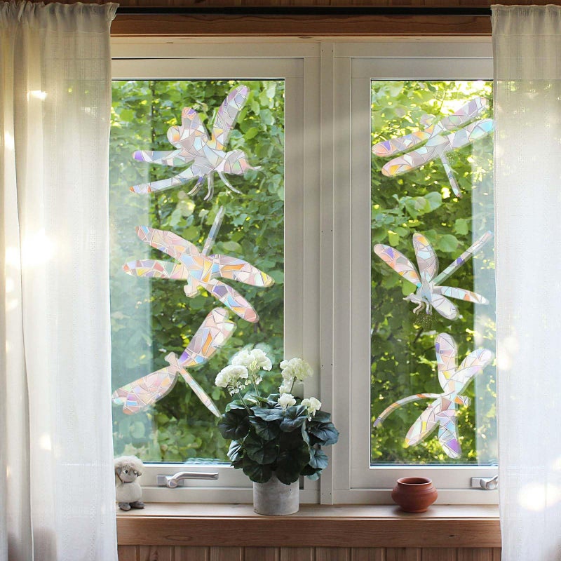 NQEUEPN 4 Sheets Anti Collision Window Clings  Window Decals to Prevent Bird Strikes Prism Pattern Window Stickers for Birds Alert Stickers to Protect Wild Birds Against Glass (Dragonfly) - Image 3