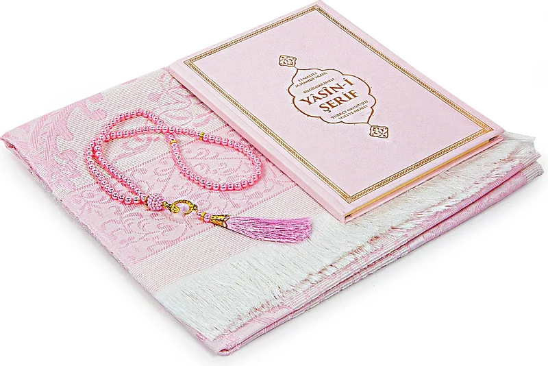 ايهفان اونلاين Ihvan Online Pink Dowry Prayer Rug Set Suitable for Bridal Bundle Religious Gift Personalized Yasin Book
