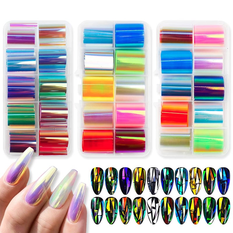 DANNEASY Glass Nail Foil Stickers, 30 Rolls Glass Fragments Nail Art Foils Stickers Paper, Aurora Laser Design Nail Wraps Decals DIY&Salon Manicure Accessories