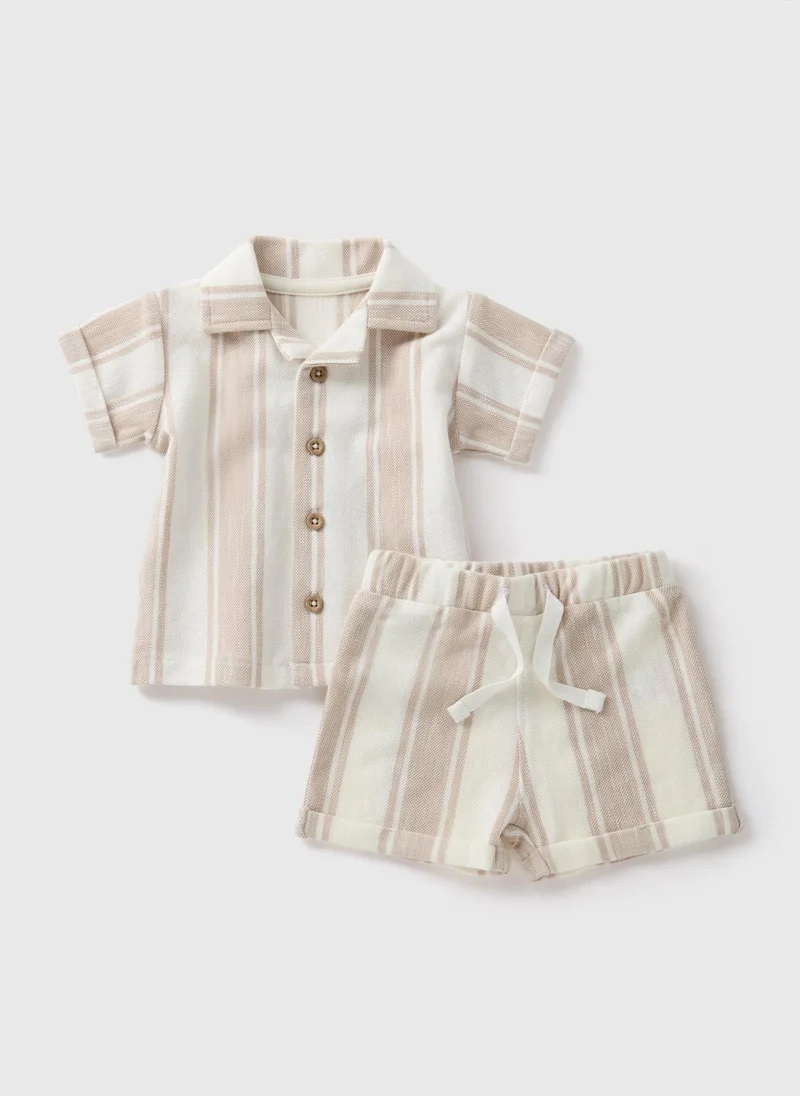 Matalan Baby Ecru Stripe Textured Shirt & Shorts Set