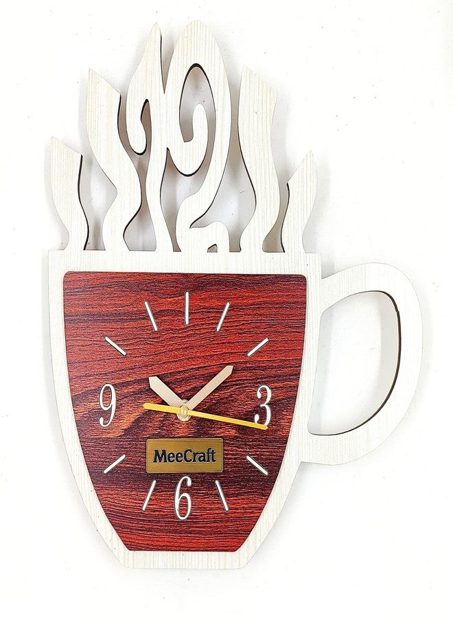 MeeCraft Wooden Coffee Cup Silhouette Wall Clock for Kitchen, 25x28 cm (Rosewood and White) - Image 1