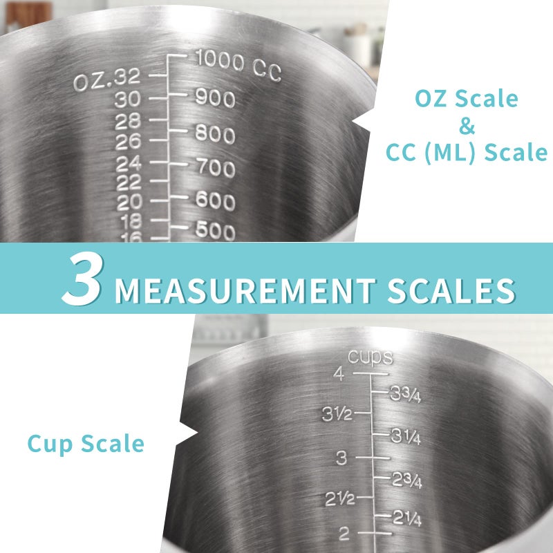 Newness Measuring Cup, [Upgraded, 3 Measurement Scales, Including Cup Scale, ML Scale, Ounce Scale], Newness Stainless Steel Measuring Cup with Marking with Handle, 32 Ounces (1.0 Liter, 4 Cup) - Image 2