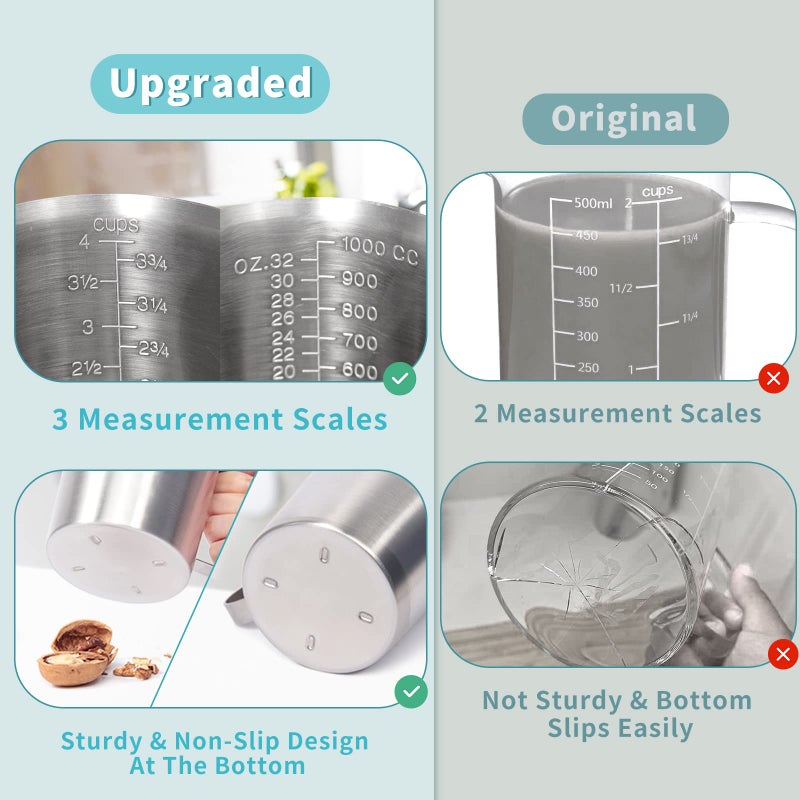Newness Measuring Cup, [Upgraded, 3 Measurement Scales, Including Cup Scale, ML Scale, Ounce Scale], Newness Stainless Steel Measuring Cup with Marking with Handle, 32 Ounces (1.0 Liter, 4 Cup) - Image 3