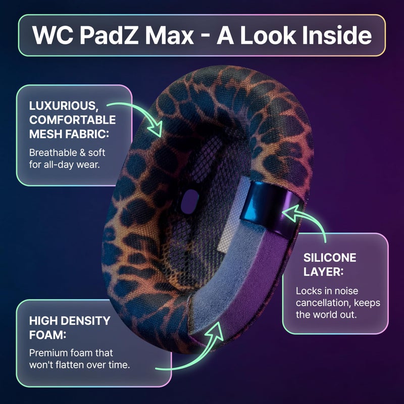WC PadZ Max â€“ Ear Cushions Compatible with AirPods Max 1 & 2, Made by Wicked Cushions | Soft Fabric, Enhanced Comfort & Unique Style | Leopard - Image 3