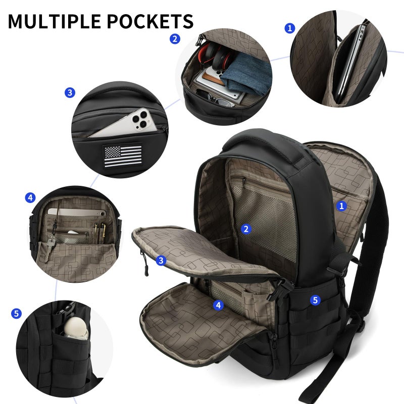 Wotony 25L Tactical Backpack, 18.5 inch, 900D Polyester, MOLLE System, Waterproof, for Men, Black - Image 3