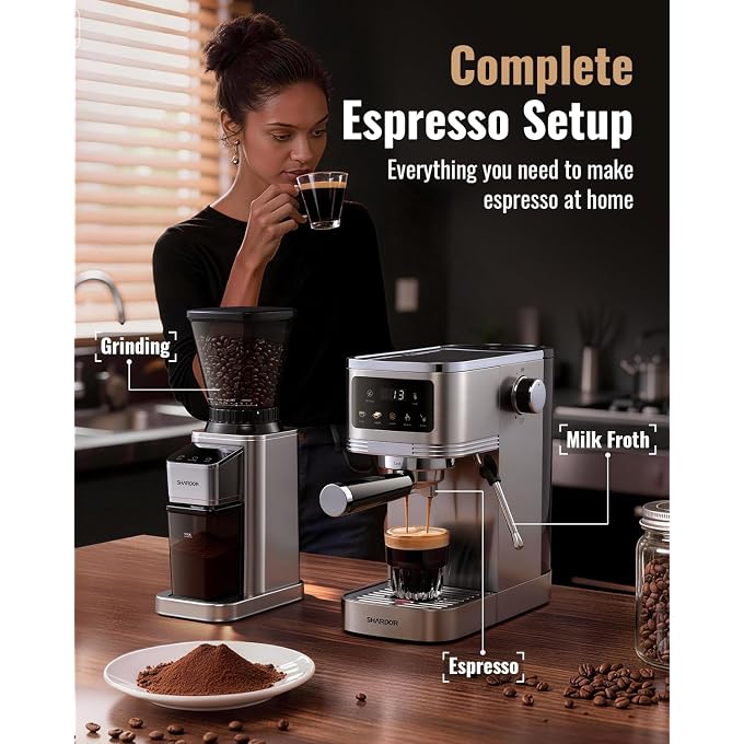 SHARDOR Espresso Machine with Grinder Bundle  Separate Conical Burr Coffee Grinder with 48 Adjustable Grind Settings, 20-Bar Espresso Machine with Steam Wand for Home Barista - Image 1