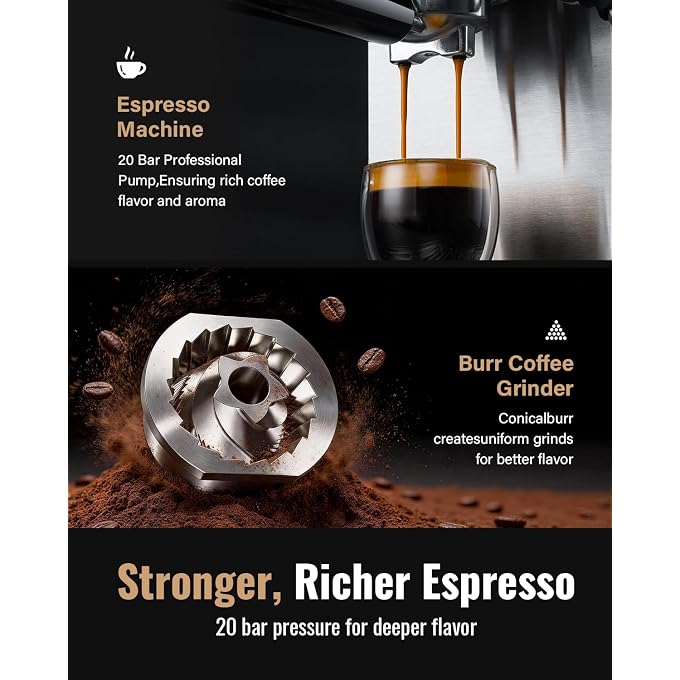 SHARDOR Espresso Machine with Grinder Bundle  Separate Conical Burr Coffee Grinder with 48 Adjustable Grind Settings, 20-Bar Espresso Machine with Steam Wand for Home Barista - Image 2