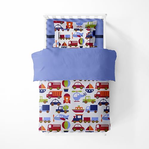 Bacati - Transportation Blue 4 Piece Boys Toddler Bedding Set 100 Percent Cotton Includes Reversible Comforter, Fitted Sheet, Top Sheet, and Pillow Case for Boys - Image 3