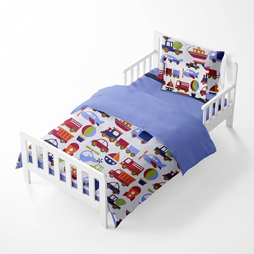 Bacati - Transportation Blue 4 Piece Boys Toddler Bedding Set 100 Percent Cotton Includes Reversible Comforter, Fitted Sheet, Top Sheet, and Pillow Case for Boys - Image 5