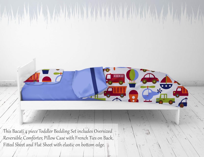 Bacati - Transportation Blue 4 Piece Boys Toddler Bedding Set 100 Percent Cotton Includes Reversible Comforter, Fitted Sheet, Top Sheet, and Pillow Case for Boys - Image 4