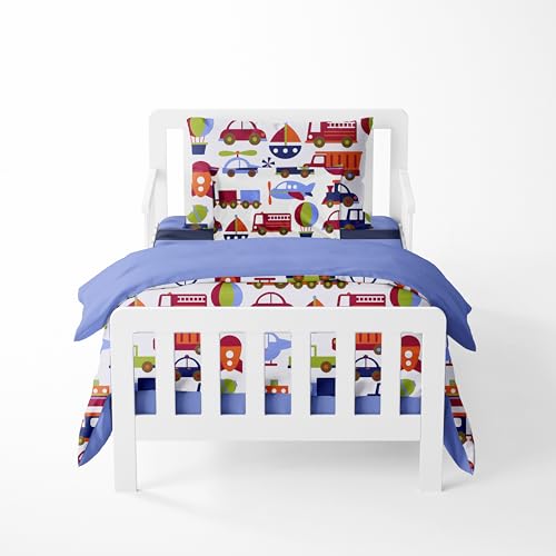 Bacati - Transportation Blue 4 Piece Boys Toddler Bedding Set 100 Percent Cotton Includes Reversible Comforter, Fitted Sheet, Top Sheet, and Pillow Case for Boys - Image 1