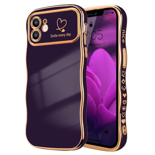 LCHULLE for iPhone 12 Case for Women Girls Cute Wave Frame Curly Shape with Love Heart Pattern Raised Camera Protection Cover Luxury Plating Shockproof Phone Case for iPhone 12 Dark Purple - Image 1