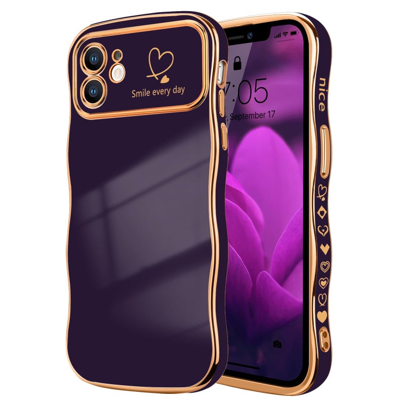 LCHULLE for iPhone 12 Case for Women Girls Cute Wave Frame Curly Shape with Love Heart Pattern Raised Camera Protection Cover Luxury Plating Shockproof Phone Case for iPhone 12 Dark Purple - Image 3