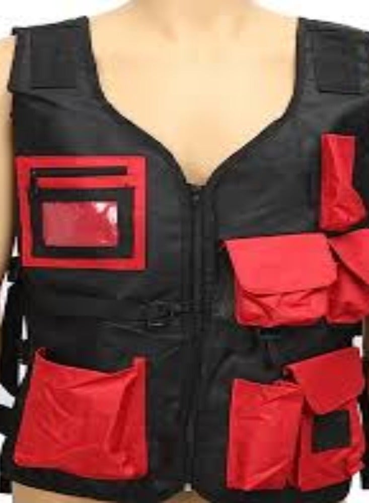 KNP KNP Multi Pocket Waistcoat in Black & Red is a functional and stylish garment designed for practical use in various settings.  - Image 2