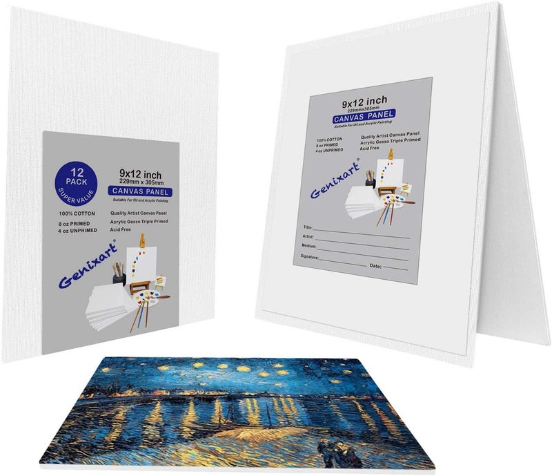 Genixart لوحات قماش جينيكسارت البيضاء الفارغة، 24x30 سم / 9 بوصة × 12 بوصة، 12 قطعة، لوحات قماش مهنية جاهزة للرسم بالأكريليك والزيت - Image 1