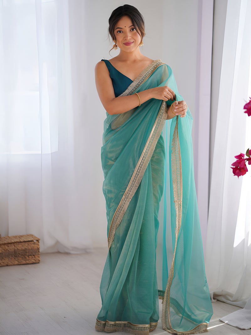 Jhambthreads Women Gold Net Sea Green Codding Work Lace Border Saree - Image 1