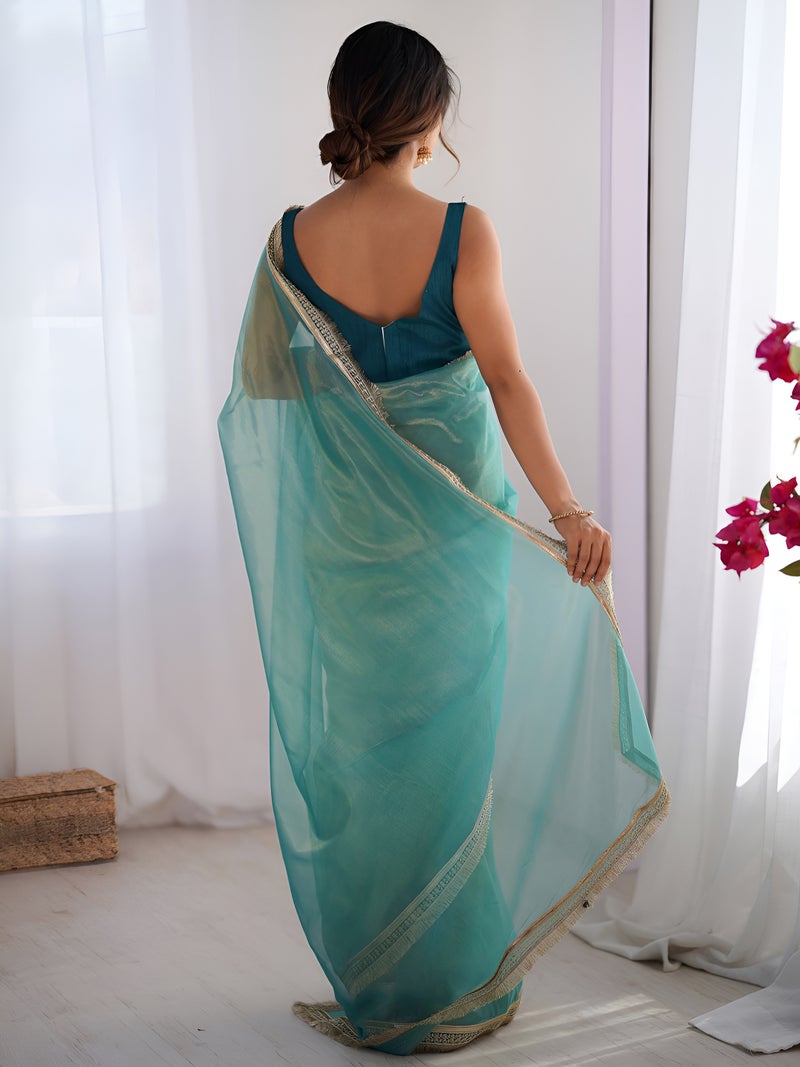 Jhambthreads Women Gold Net Sea Green Codding Work Lace Border Saree - Image 2