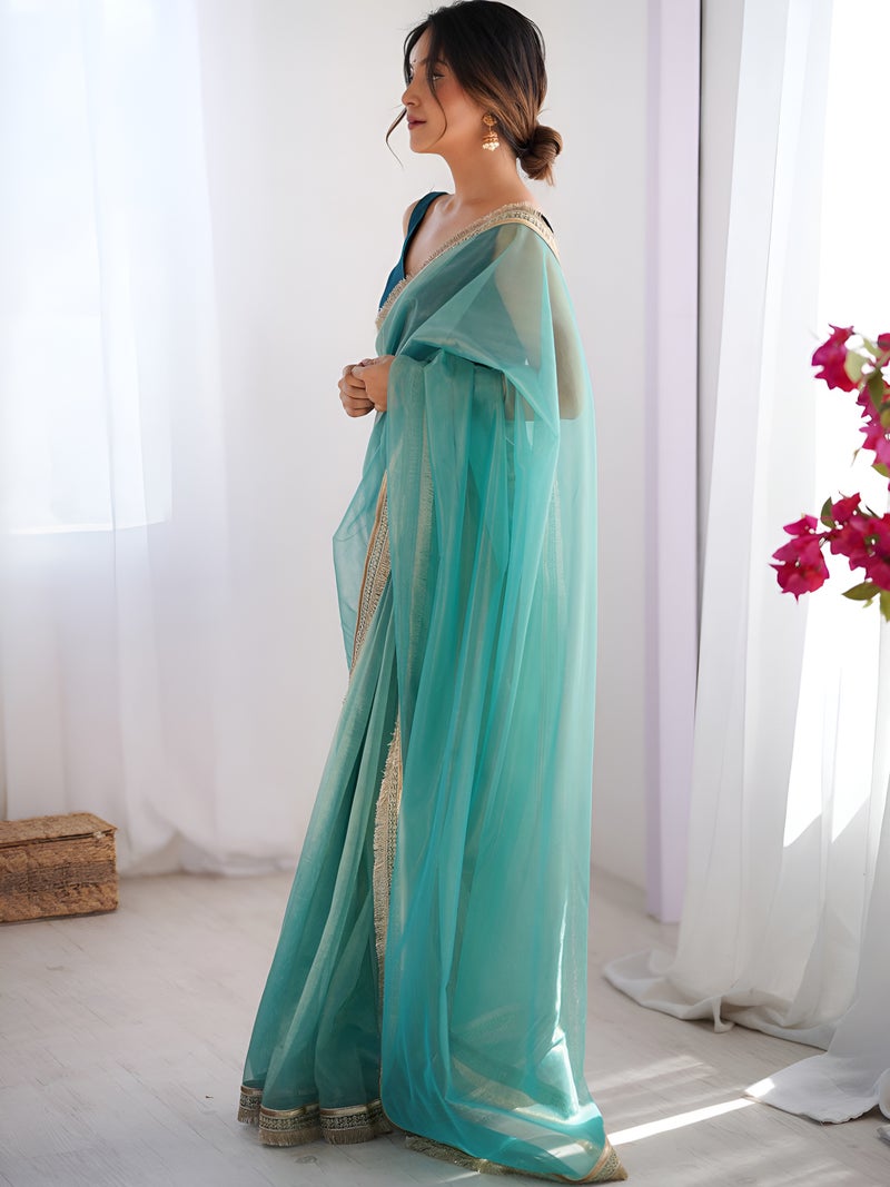 Jhambthreads Women Gold Net Sea Green Codding Work Lace Border Saree - Image 4