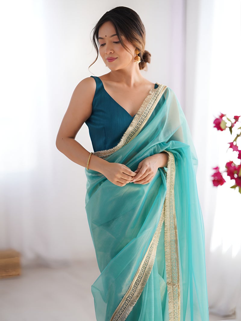 Jhambthreads Women Gold Net Sea Green Codding Work Lace Border Saree - Image 3