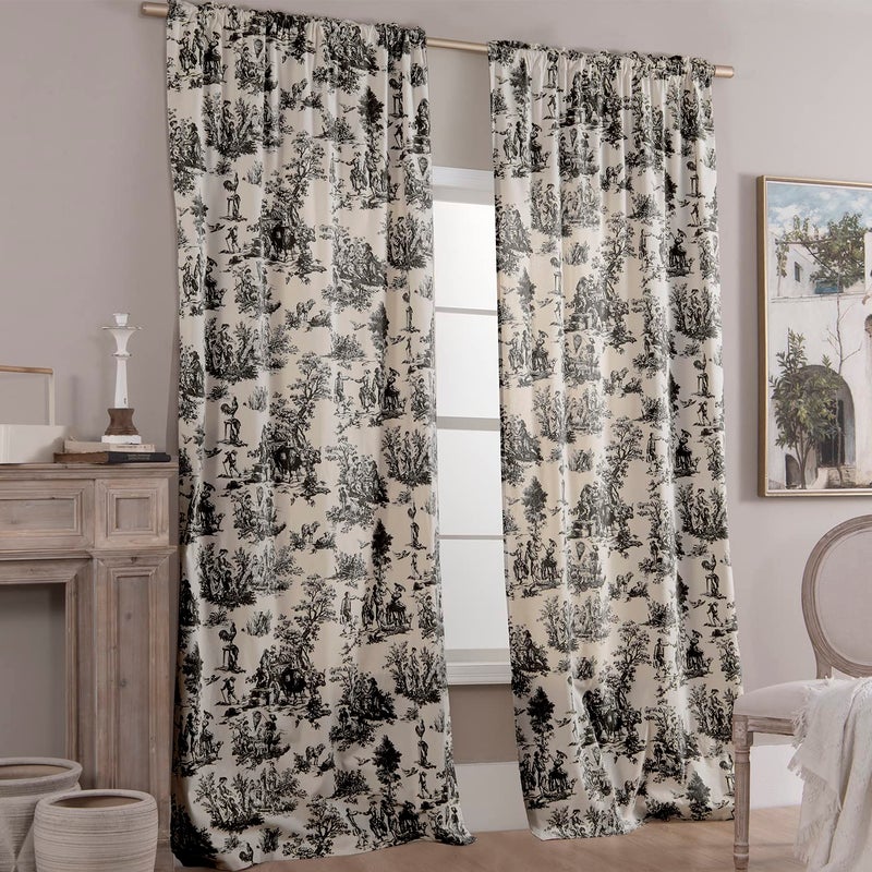 XTMYI Black Curtains 84 Inches Long for Living Room Patterned Print Semi Blackout Farmhouse Modern Toile Pattern on Cream White Cotton Fabric Window Treatments Drapes for Bedroom 84 Inch Length 2 Panels - Image 2
