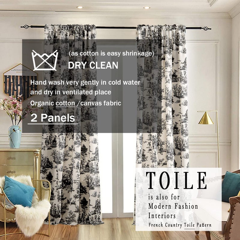 XTMYI Black Curtains 84 Inches Long for Living Room Patterned Print Semi Blackout Farmhouse Modern Toile Pattern on Cream White Cotton Fabric Window Treatments Drapes for Bedroom 84 Inch Length 2 Panels - Image 3
