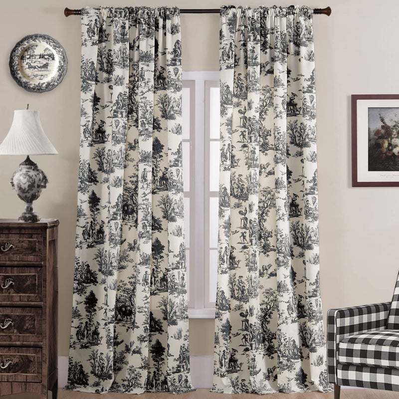 XTMYI Black Curtains 84 Inches Long for Living Room Patterned Print Semi Blackout Farmhouse Modern Toile Pattern on Cream White Cotton Fabric Window Treatments Drapes for Bedroom 84 Inch Length 2 Panels - Image 1
