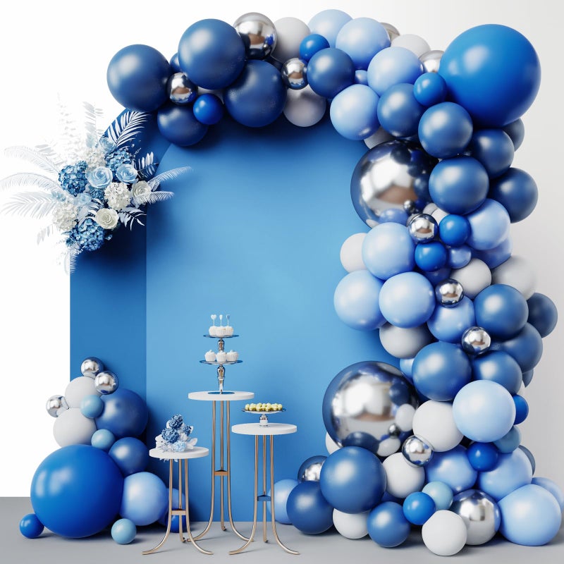 RUBFAC 144pcs Blue Balloons Arch Garland Kit 1812105 Inch Blue White and Silver Party Balloons Silver Confetti Latex Balloons for Birthday Wedding Baby Shower Deorations - Image 3