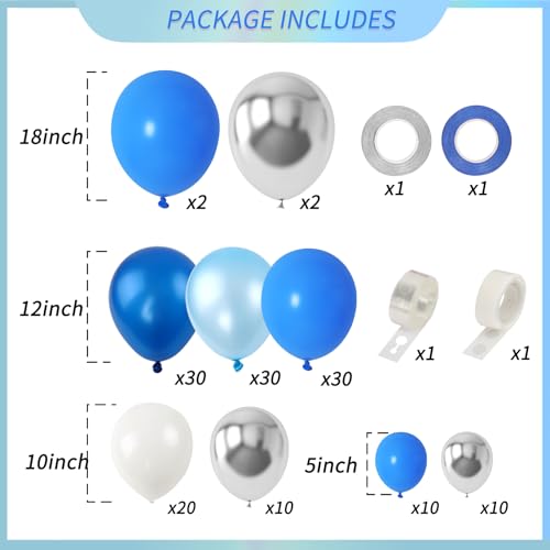 RUBFAC 144pcs Blue Balloons Arch Garland Kit 1812105 Inch Blue White and Silver Party Balloons Silver Confetti Latex Balloons for Birthday Wedding Baby Shower Deorations - Image 5