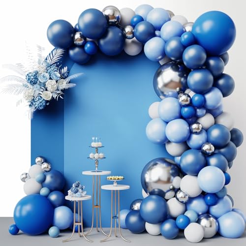 RUBFAC 144pcs Blue Balloons Arch Garland Kit 1812105 Inch Blue White and Silver Party Balloons Silver Confetti Latex Balloons for Birthday Wedding Baby Shower Deorations - Image 1