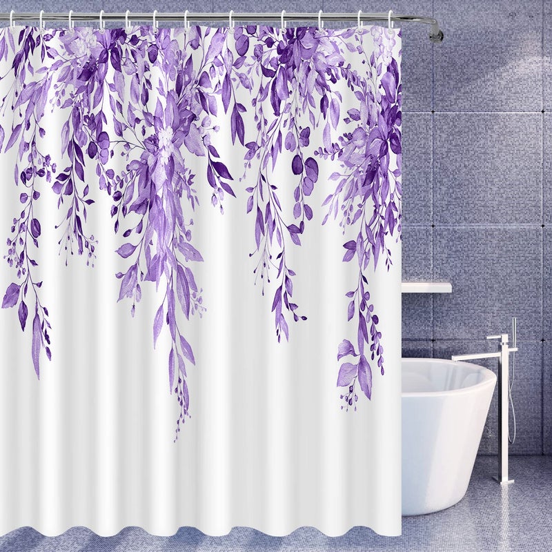 Nuseiis Purple Eucalyptus Shower Curtain  Watercolor Plant Leaves Shower Curtain with 12 Hooks  Decorative Botanical Shower Curtain 72 x 72 Inch