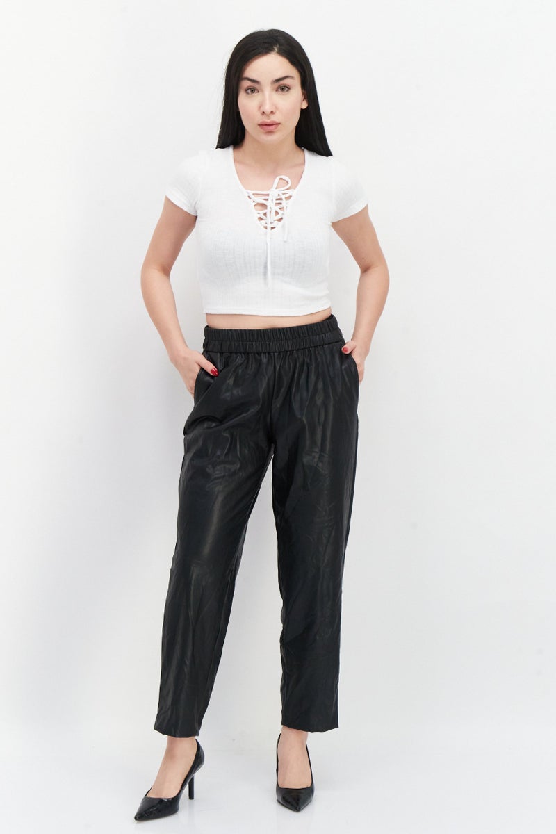 ANNE KLEIN Women Plain Pull On Faux-Leather Pant, Black - Image 4