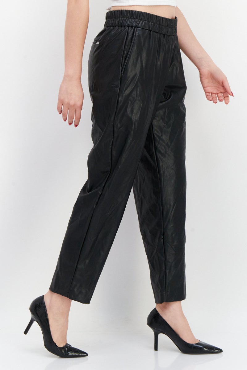 ANNE KLEIN Women Plain Pull On Faux-Leather Pant, Black - Image 2