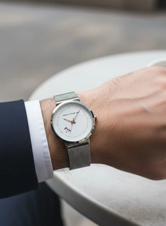French Connection White Dial Silver Stainless Steel Mesh Bracelet Analog Watch for Men 42mm